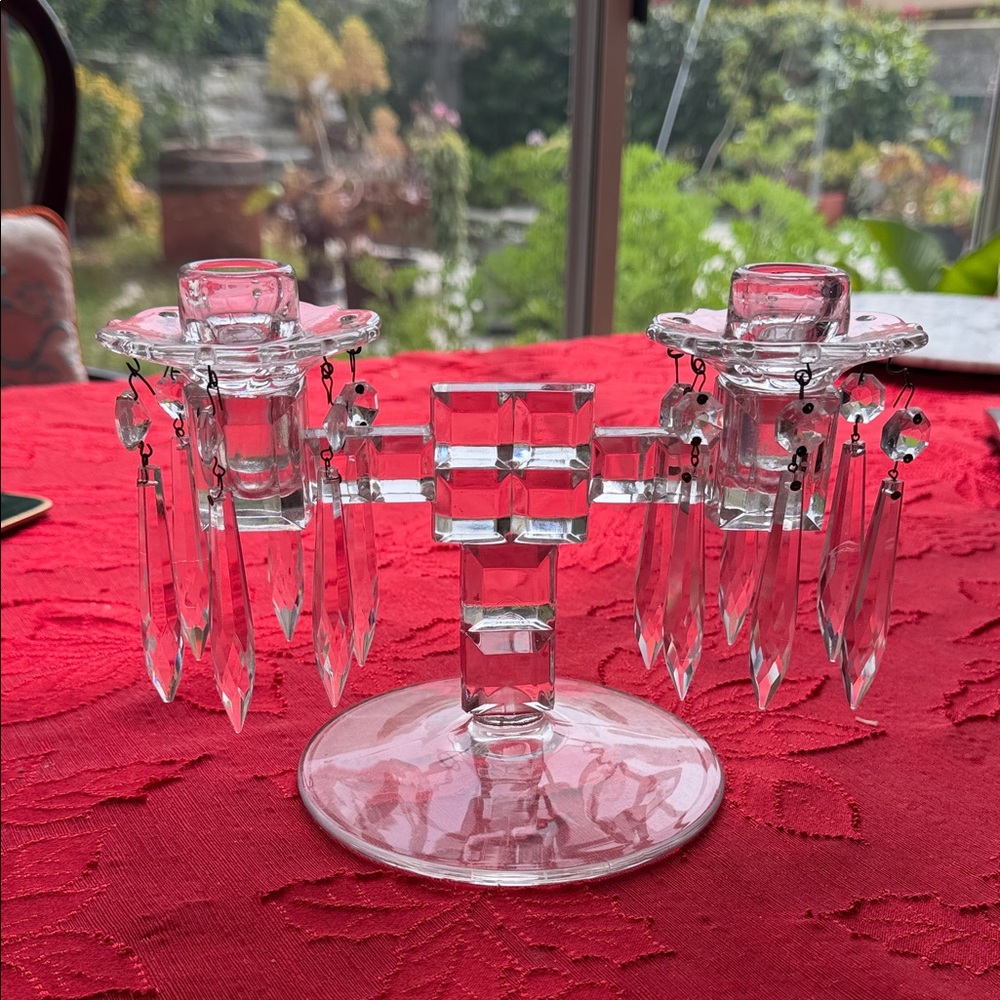 Vintage Crystal Double Candle Holder with Prism Drops - Clear